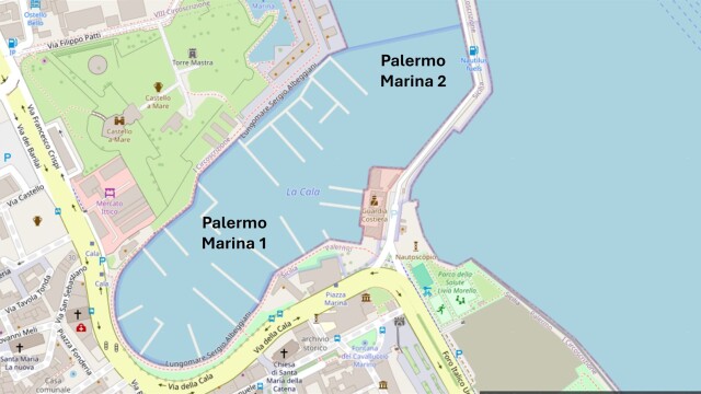 Map of the La Cala harbour in Palermo with partner marinas 1 and 2 – SailorOne